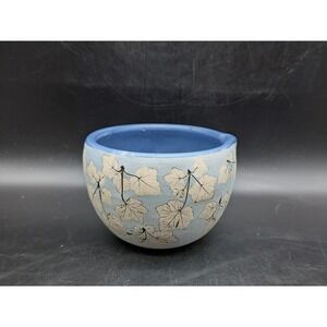 Vintage Wizards Of Clay Studio Art Pottery Impressed Leaf Blue Batter Bowl 5"